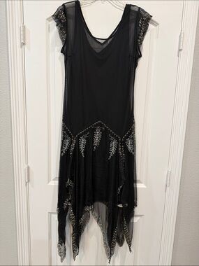 Vintage y2k Ice Black Asymmetrical Beaded Mesh whimsical Dress